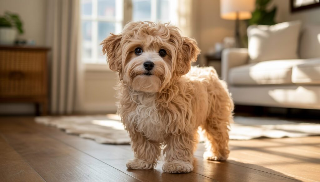 Fluffy cream-colored dog standing on wooden flooring inside a cozy living room