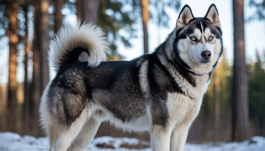 Siberian Husky with black and white coat standing outdoors in a snowy woodland