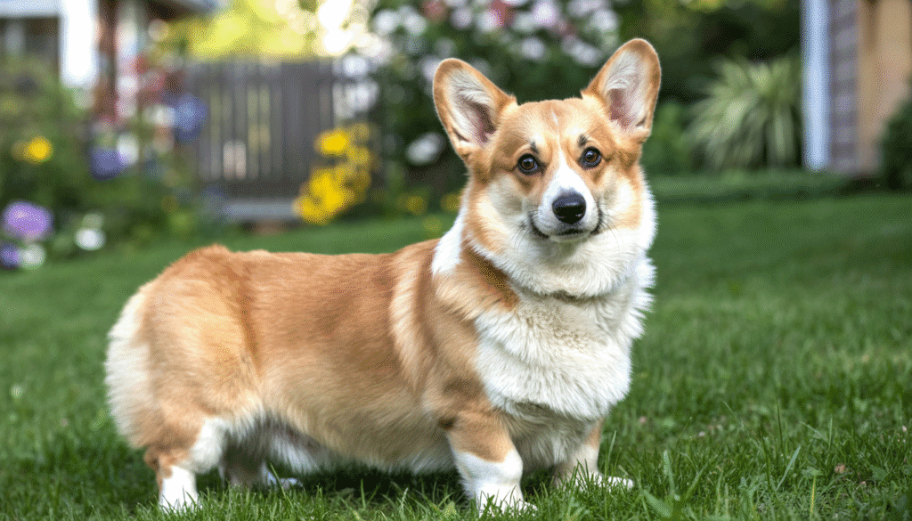 Pembroke Welsh Corgi standing on green grass with flowers and a gate in the background