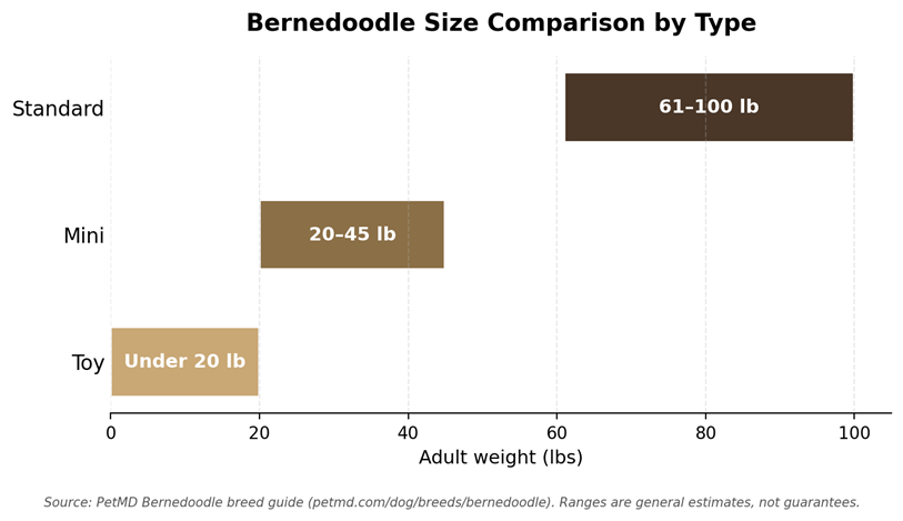 Bar chart comparing toy, mini, and standard Bernedoodle weight ranges