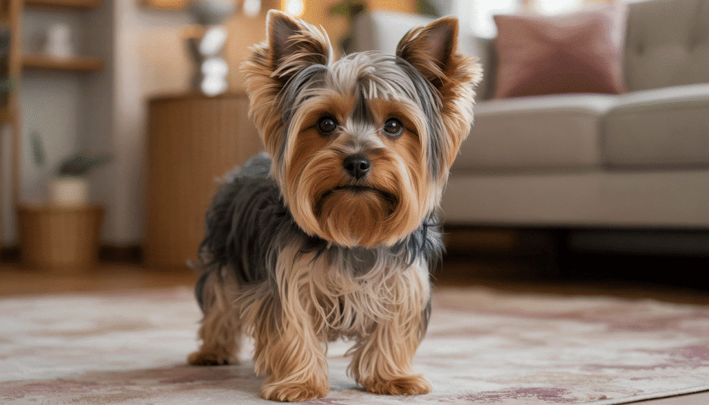 Yorkshire Terrier with silky fur standing on a rug in a living room setting