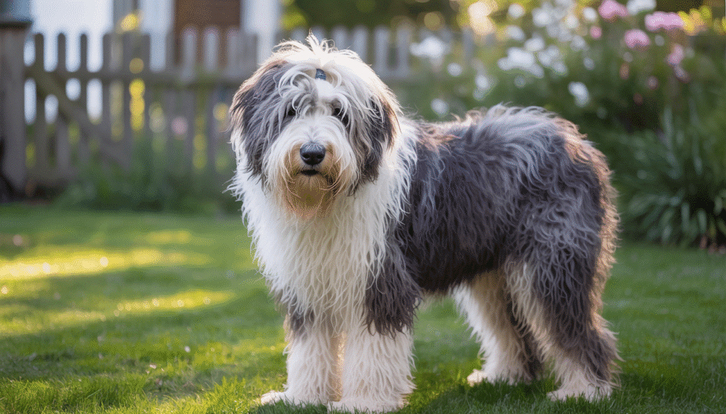 Large Old English Sheepdog with fluffy coat standing on lawn in a fenced yard