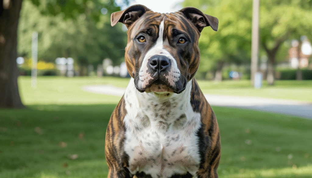 Brindle-coated American Bulldog sitting alert on the grass in a tree-lined park