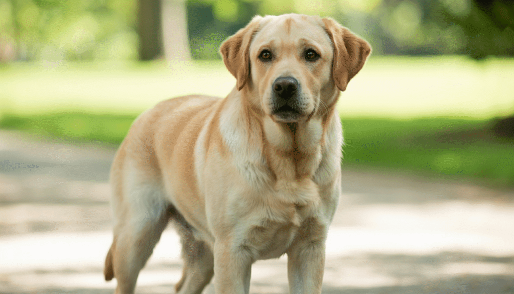 Yellow Labrador standing on a park path surrounded by trees and greenery