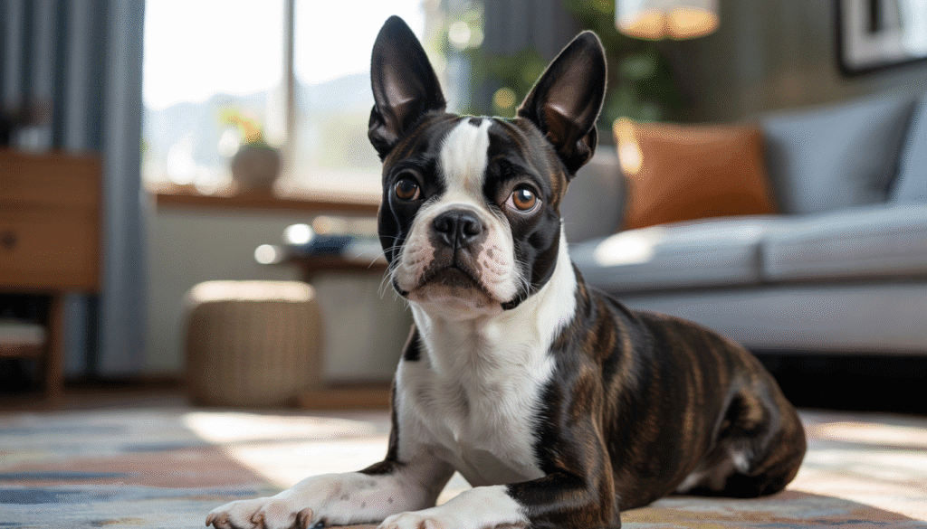 Boston Terrier with black and white markings lying down on a carpet in a living room