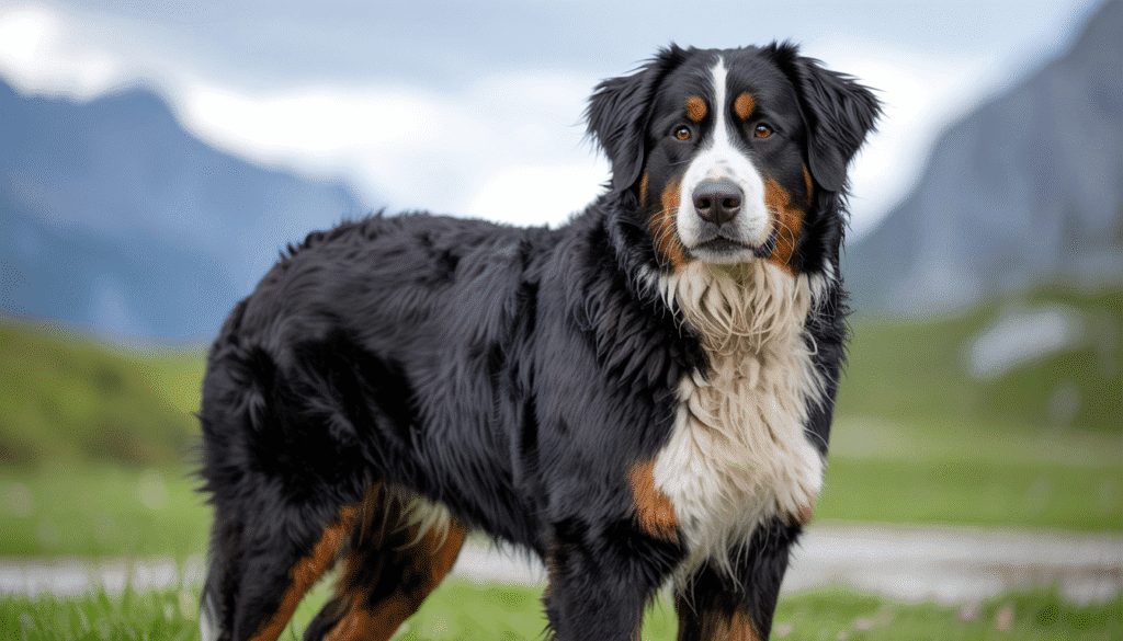 Large Bernese Mountain Dog with tricolor coat standing on grass with mountains behind