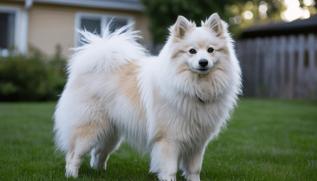 American Eskimo Dog with thick white fur and upright ears standing on grass
