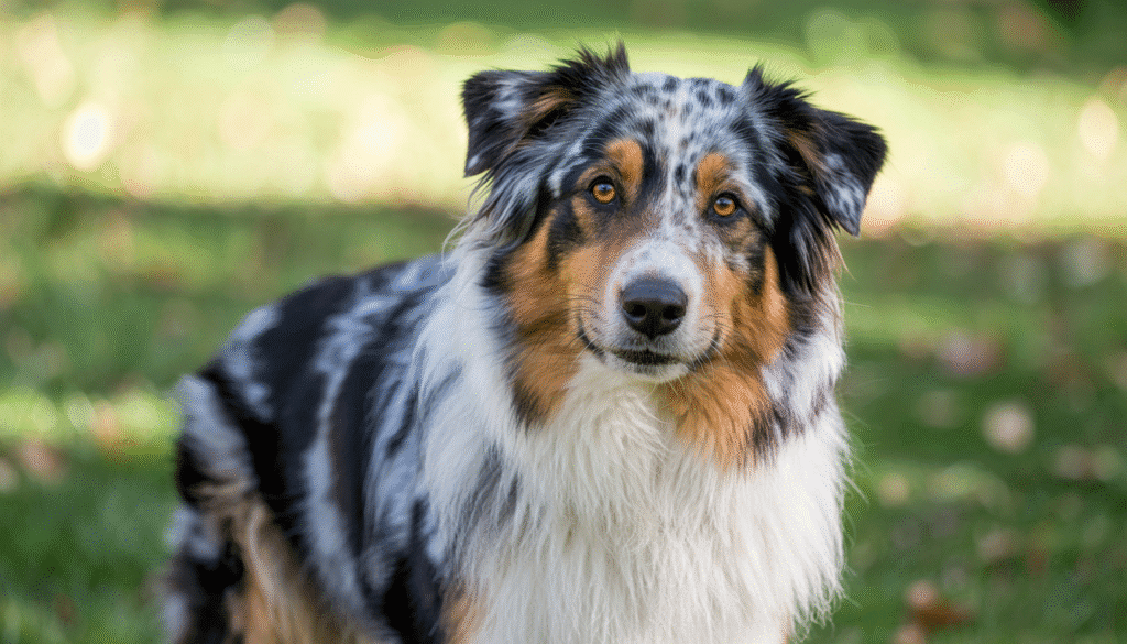 Australian Shepherd dog with merle pattern fur and tan markings sitting outdoors