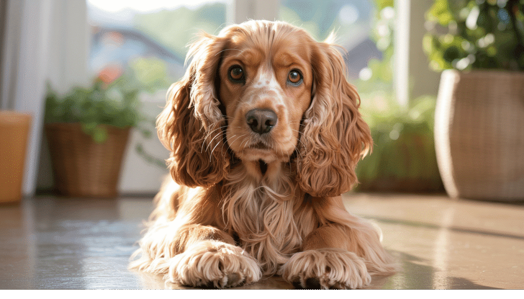 Cocker Spaniel with curly ears and a golden brown coat looking up
