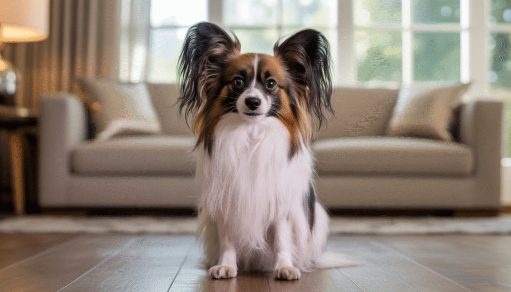 Small Papillon dog with large fringed ears and a white and tan coat