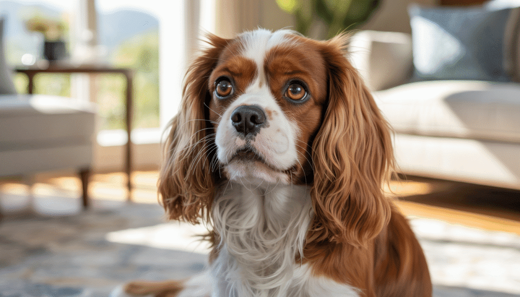 Cavalier King Charles Spaniel with chestnut and white fur lying on a bed