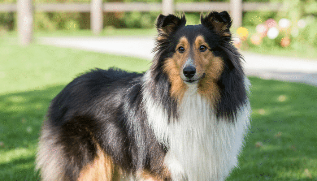 Rough Collie dog with long tan and white fur sitting in a park