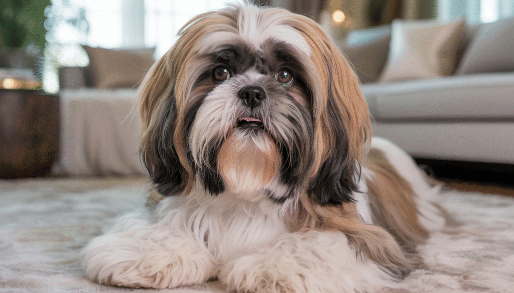 Shih Tzu with a long flowing coat and flat face sitting indoors on a cushion