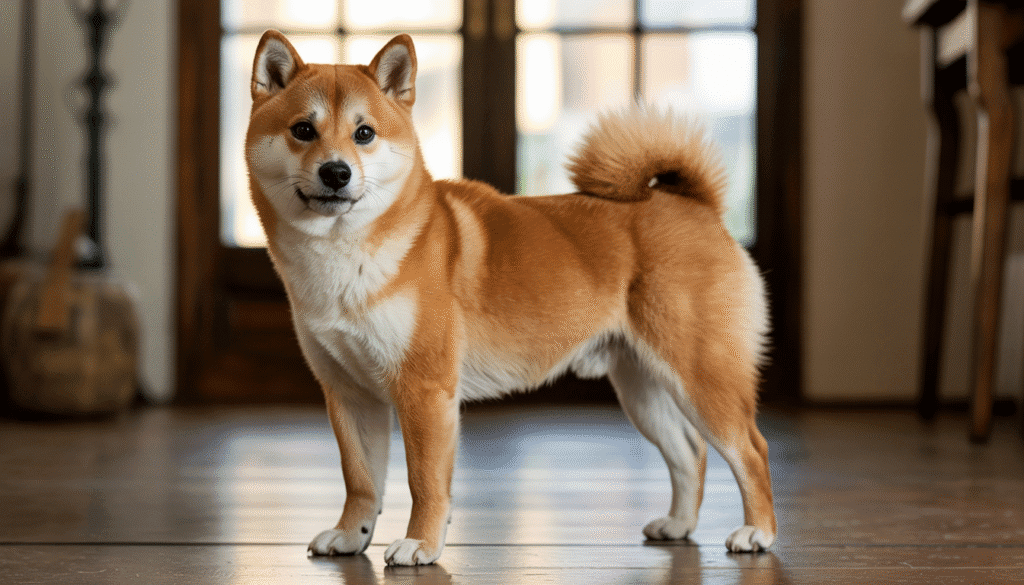 Shiba Inu dog with a curled tail and fox-like face standing indoors on wooden flooring