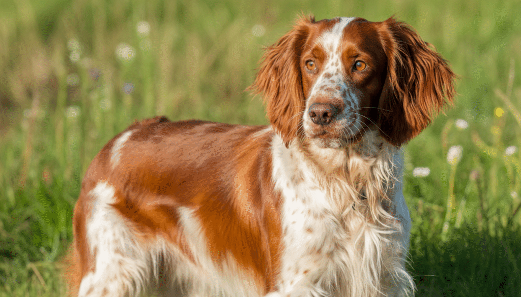 Welsh Springer Spaniel with red and white coat, looking off into the distance in a green meadow