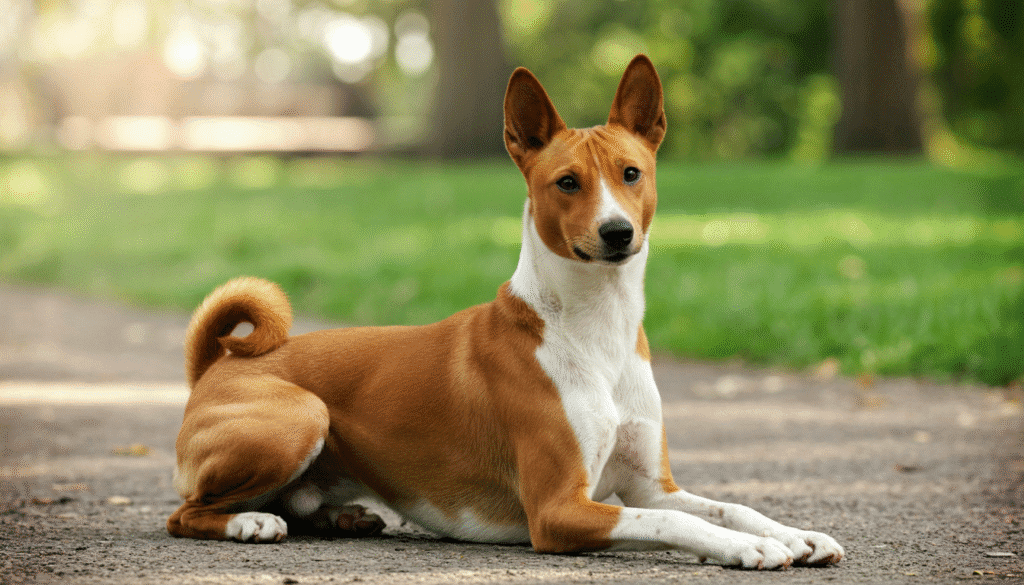 Basenji dog lying down on a park path with upright ears and a curled tail