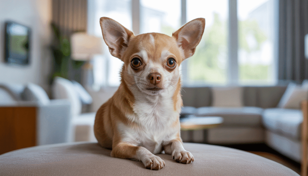Chihuahua lying down indoors on a soft surface, facing camera with alert expression