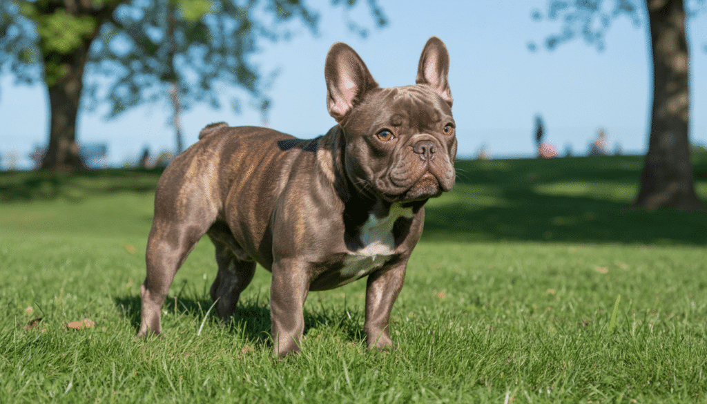 French Bulldog standing on grass, looking alert with trees in the background