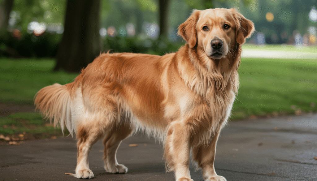 Golden Retriever standing on a paved path with soft sunlight filtering through trees