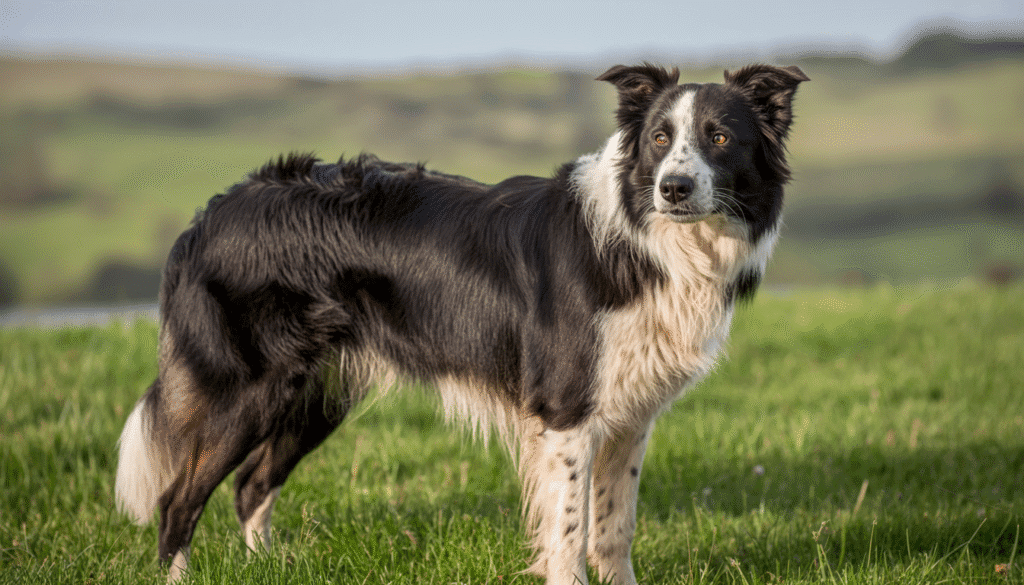 Border Collie standing in a grassy field, looking alert and curious