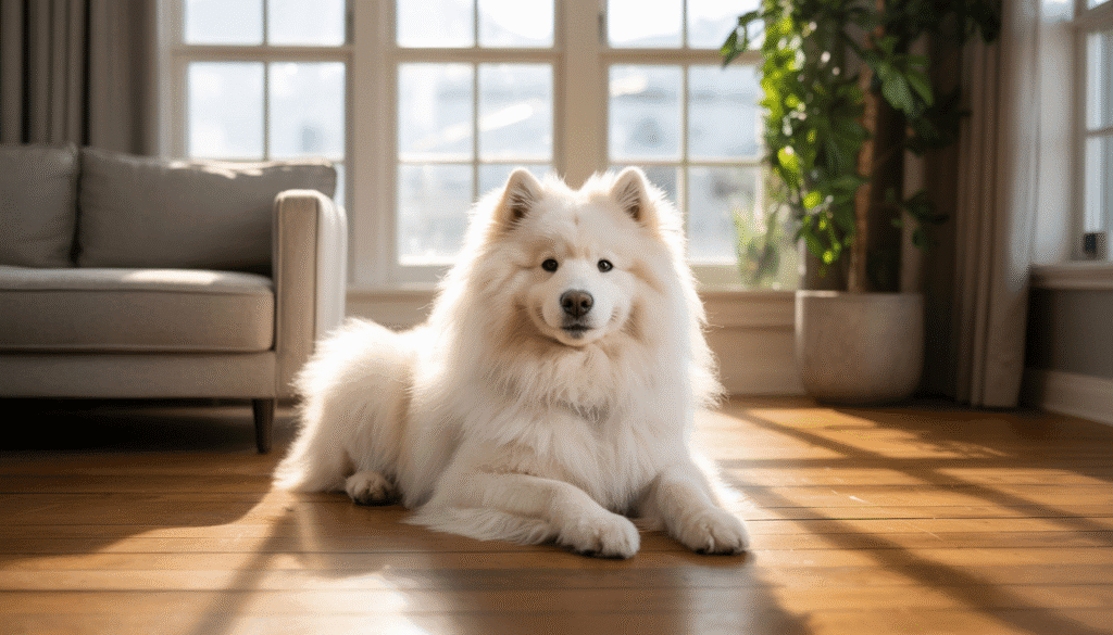 White fluffy Samoyed dog lying on a hardwood floor in a bright living room