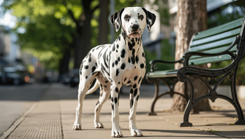 Dalmatian standing on a sidewalk beside a park bench, looking forward