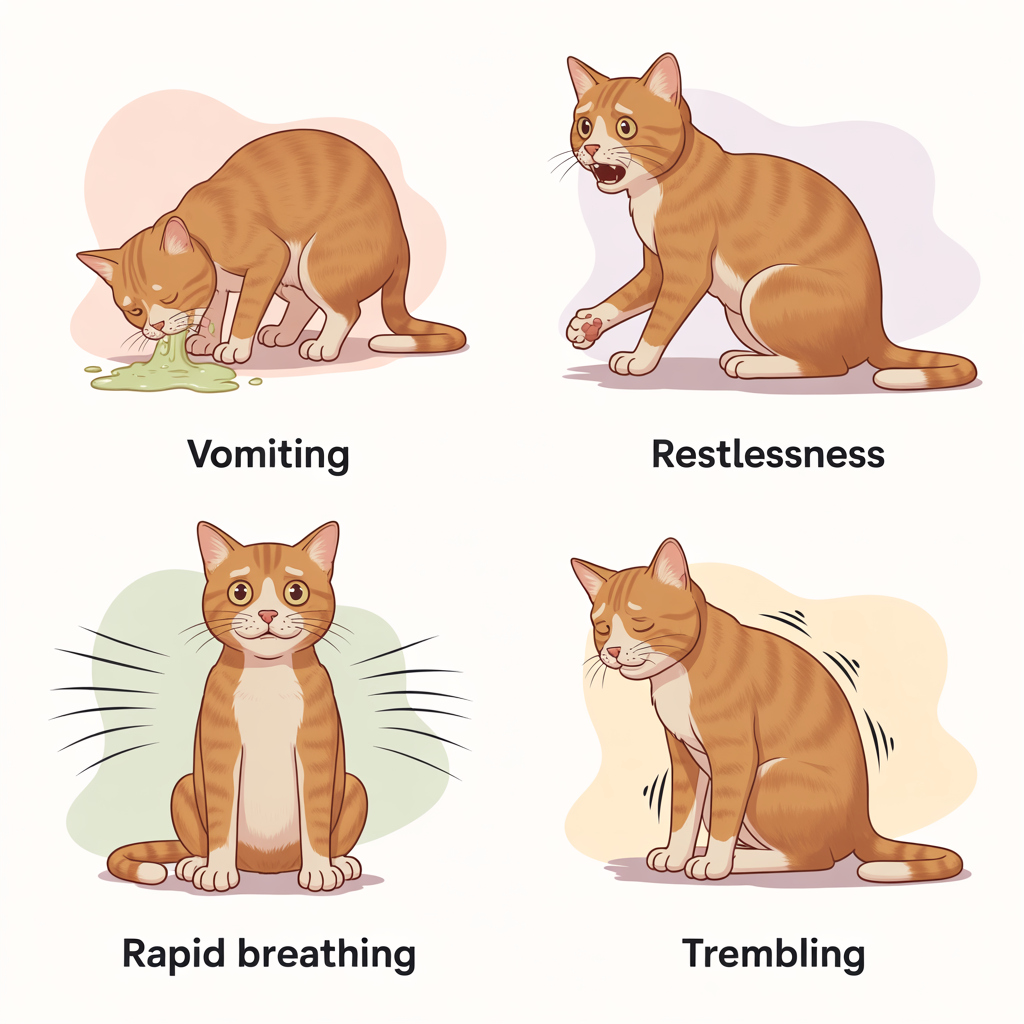 Chart displaying common chocolate poisoning symptoms in cats like vomiting, tremors, and fast heartbeat.
