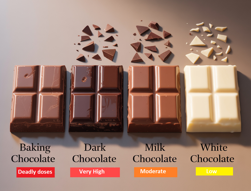 Different chocolate types labeled with toxicity levels for cats - baking chocolate being most dangerous