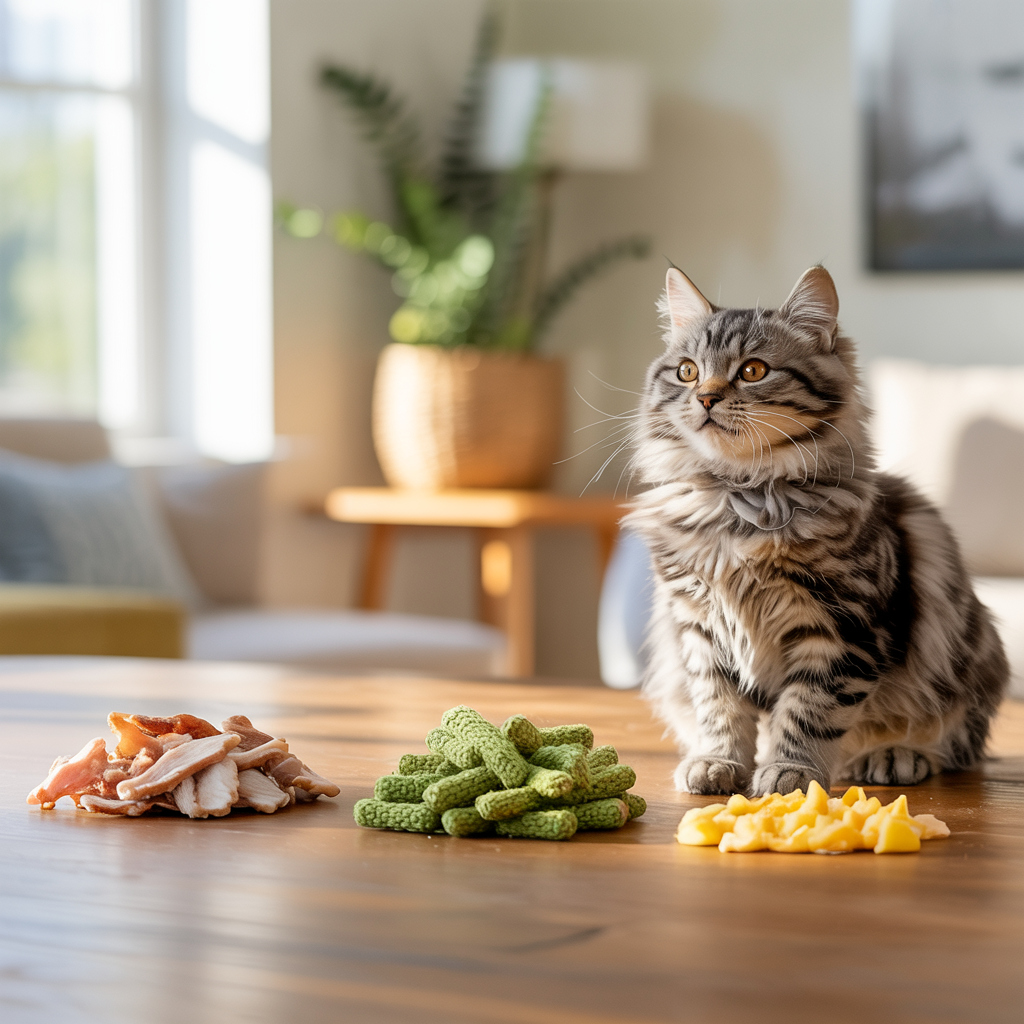 Healthy and safe cat treats like chicken, tuna, and catnip toys displayed beside a cat.