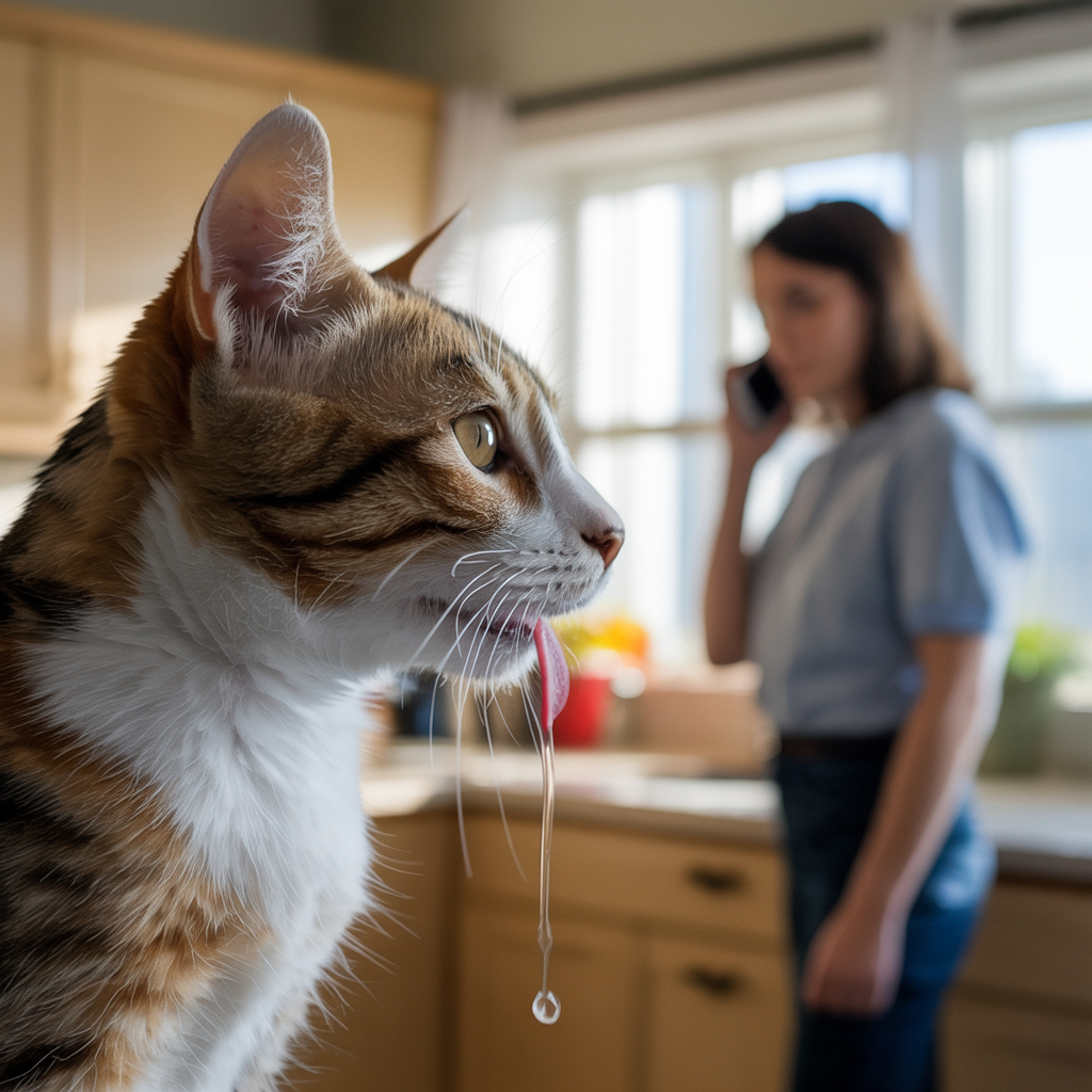 Indoor cat showing drooling while owner calls the vet after suspected plant ingestion.