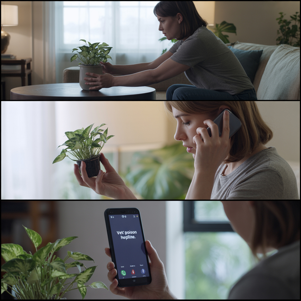 Step-by-step visuals showing plant removal, photo for ID, and calling the veterinarian.