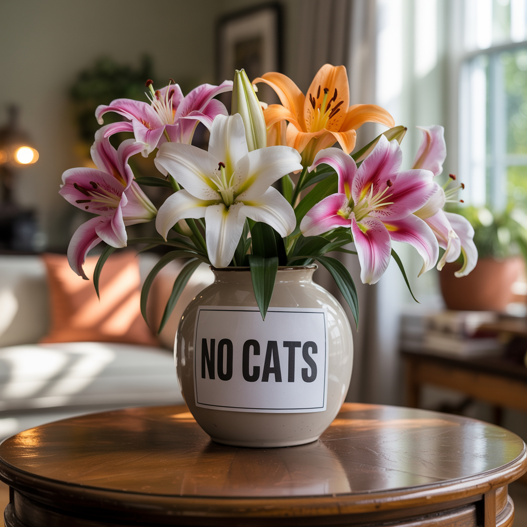 True lilies in a vase labeled toxic to cats with a no-cat warning tag.