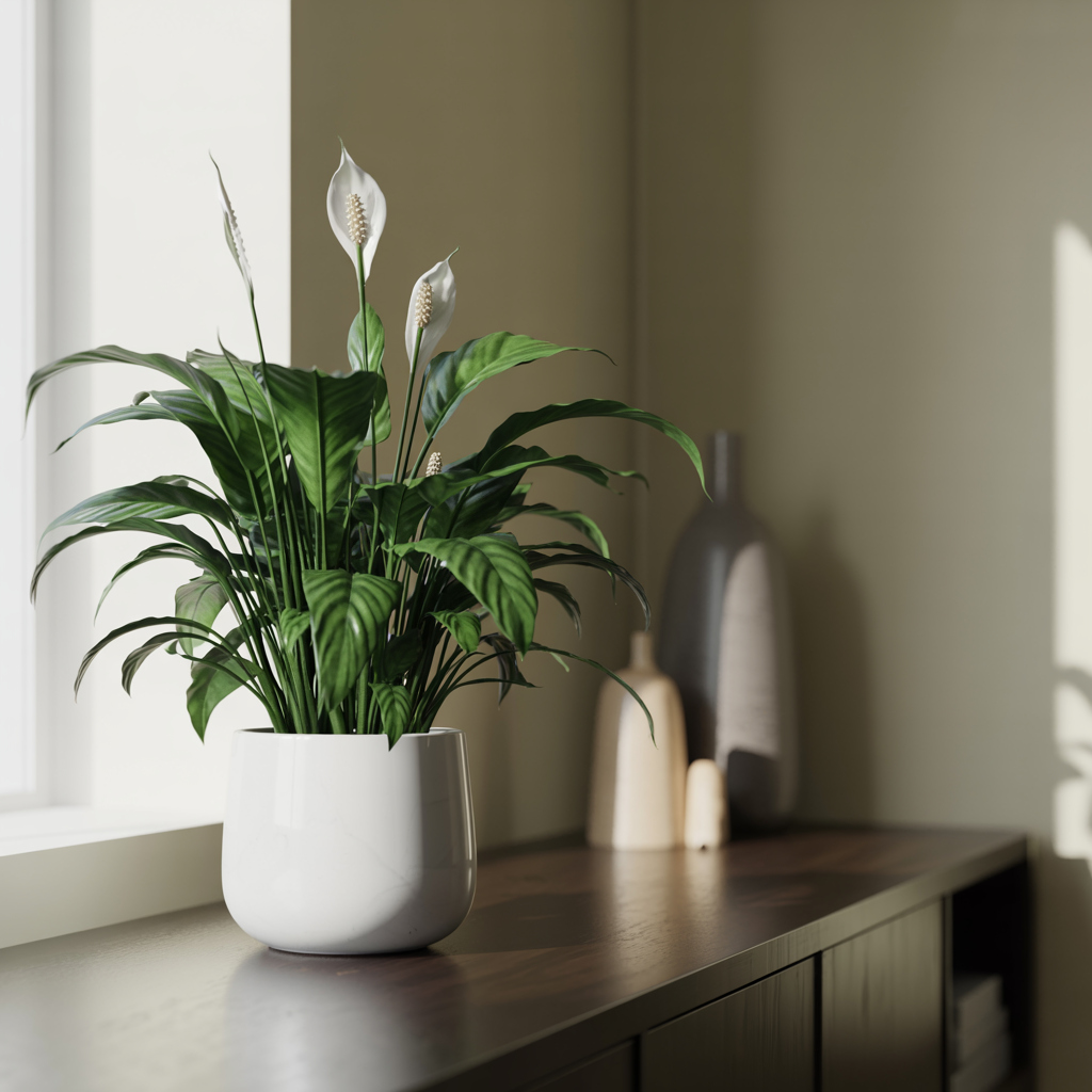 Peace lily houseplant, a common toxic plant for cats, on a living room sideboard.