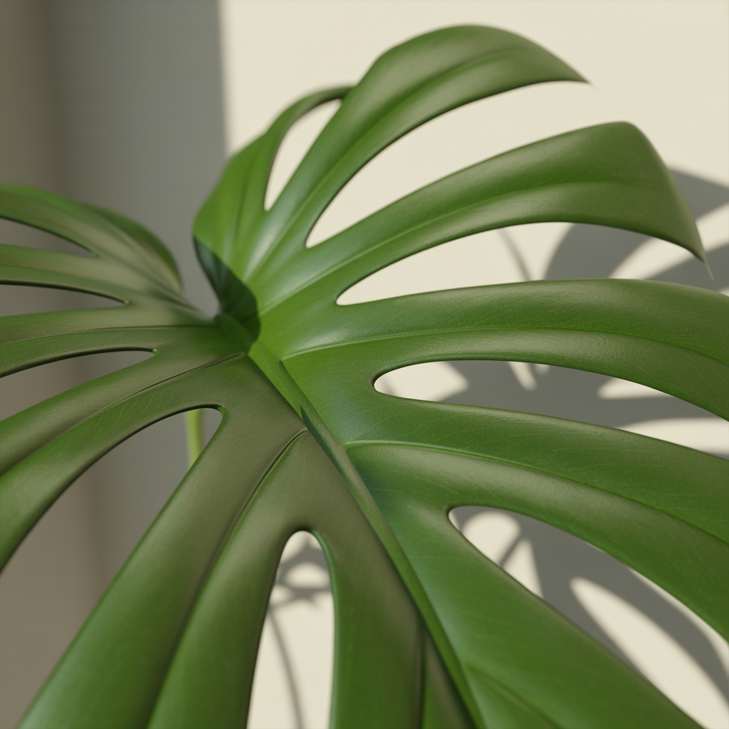 Monstera deliciosa leaf close-up; popular but irritating to cats if chewed.