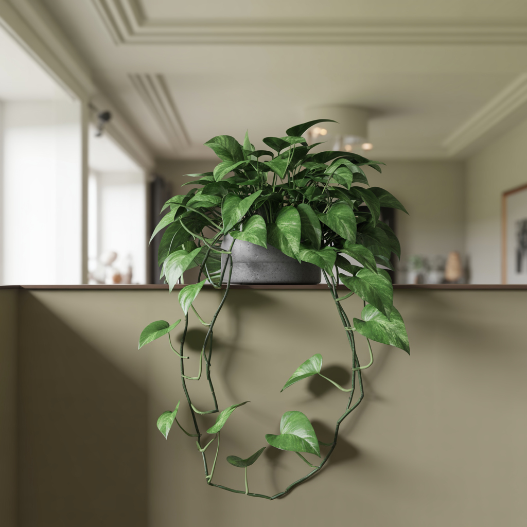 Trailing pothos vine, a common cat-toxic houseplant, styled on a shelf.