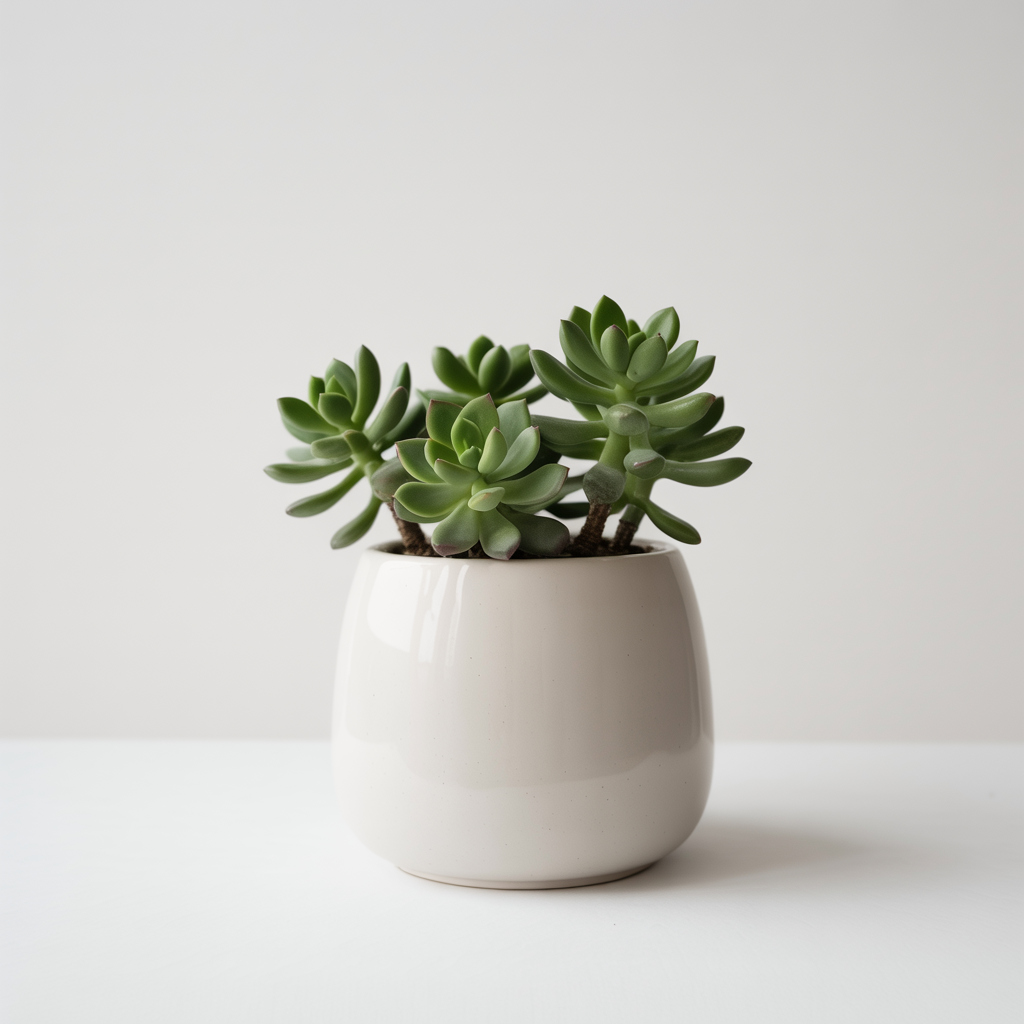 Jade plant in a minimalist pot; ingestion may cause vomiting or wobbliness in cats.