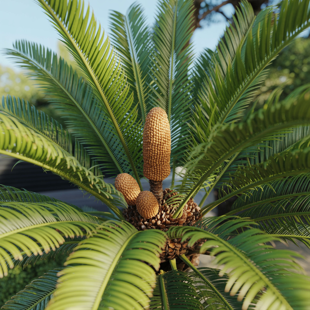 Sago palm with seed cones; extremely toxic to cats if ingested.