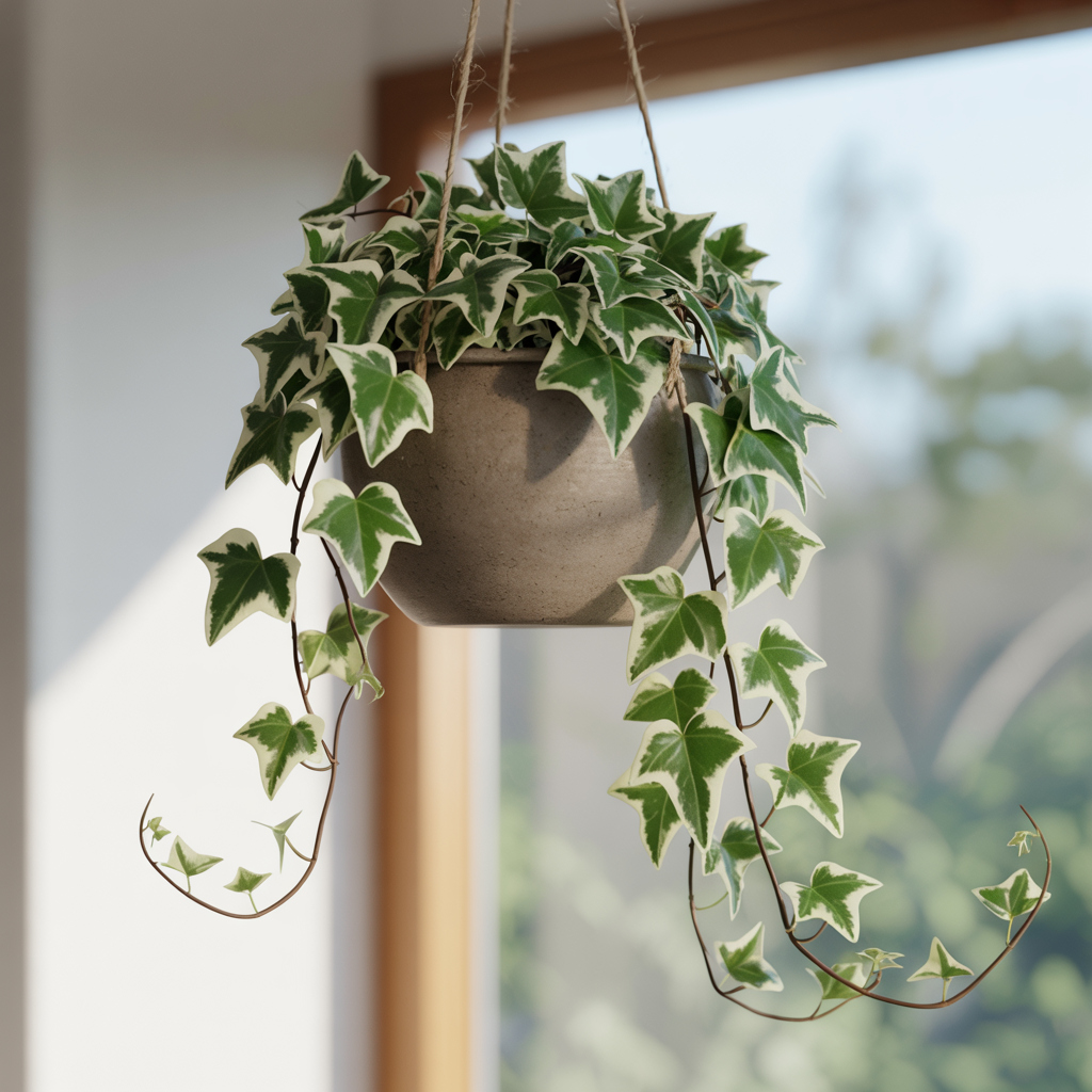 Variegated English ivy in a hanging pot; toxic to cats.