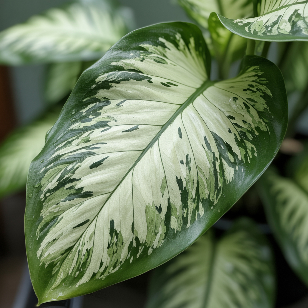 Dieffenbachia leaf close-up; chewing causes sharp oral irritation in cats.
