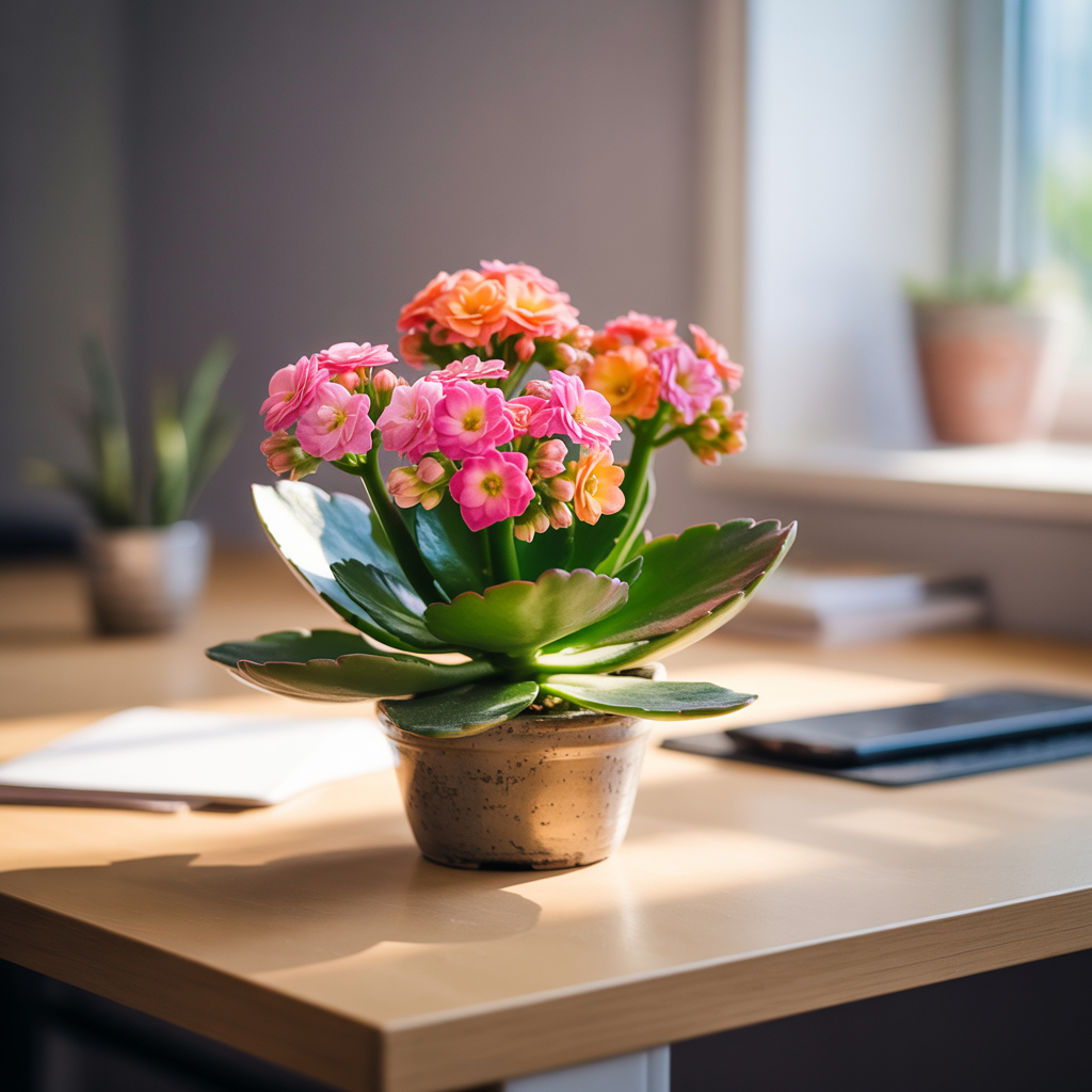 Flowering kalanchoe houseplant, toxic to cats due to cardiac glycosides.