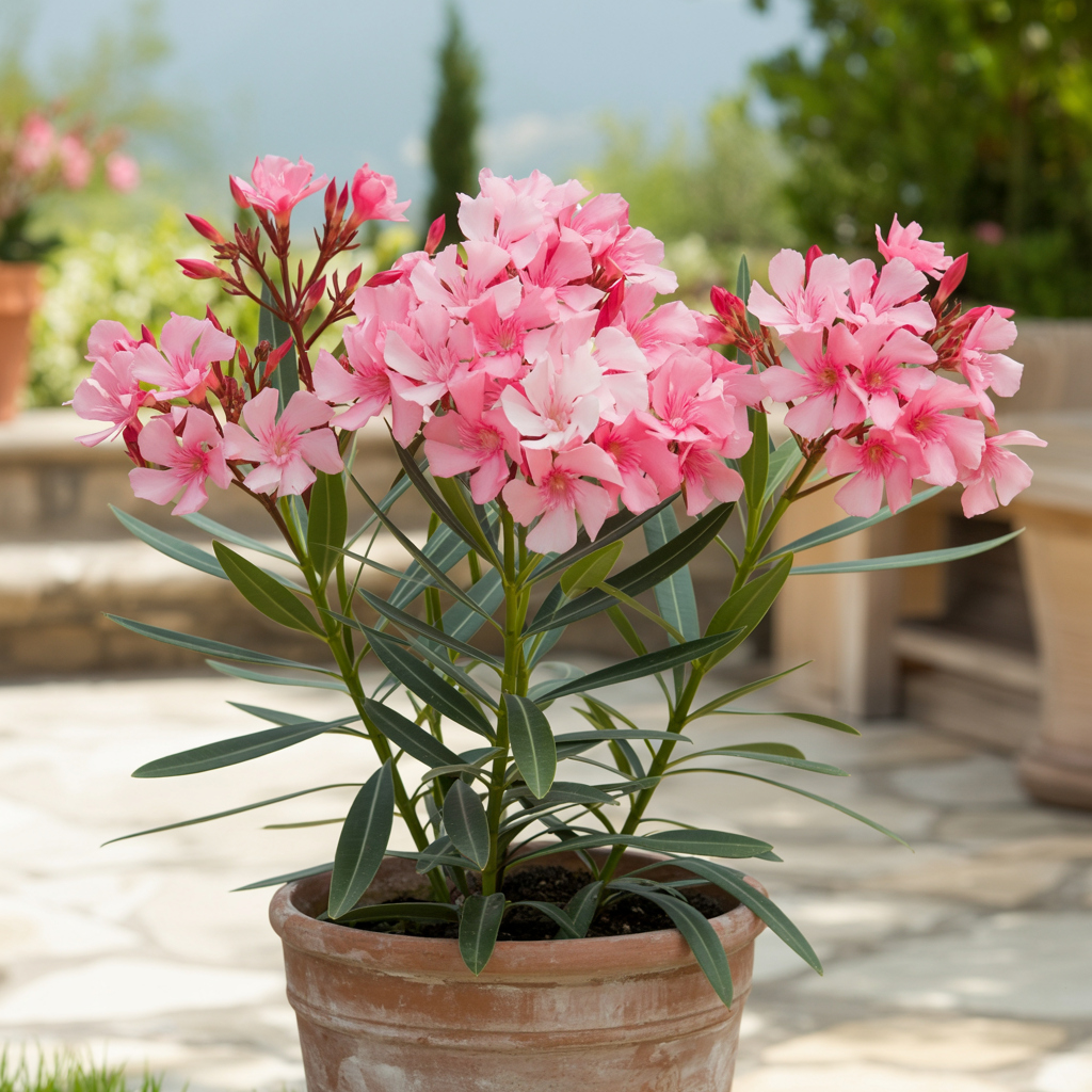 Pink oleander flowers; highly toxic to cats and other pets.