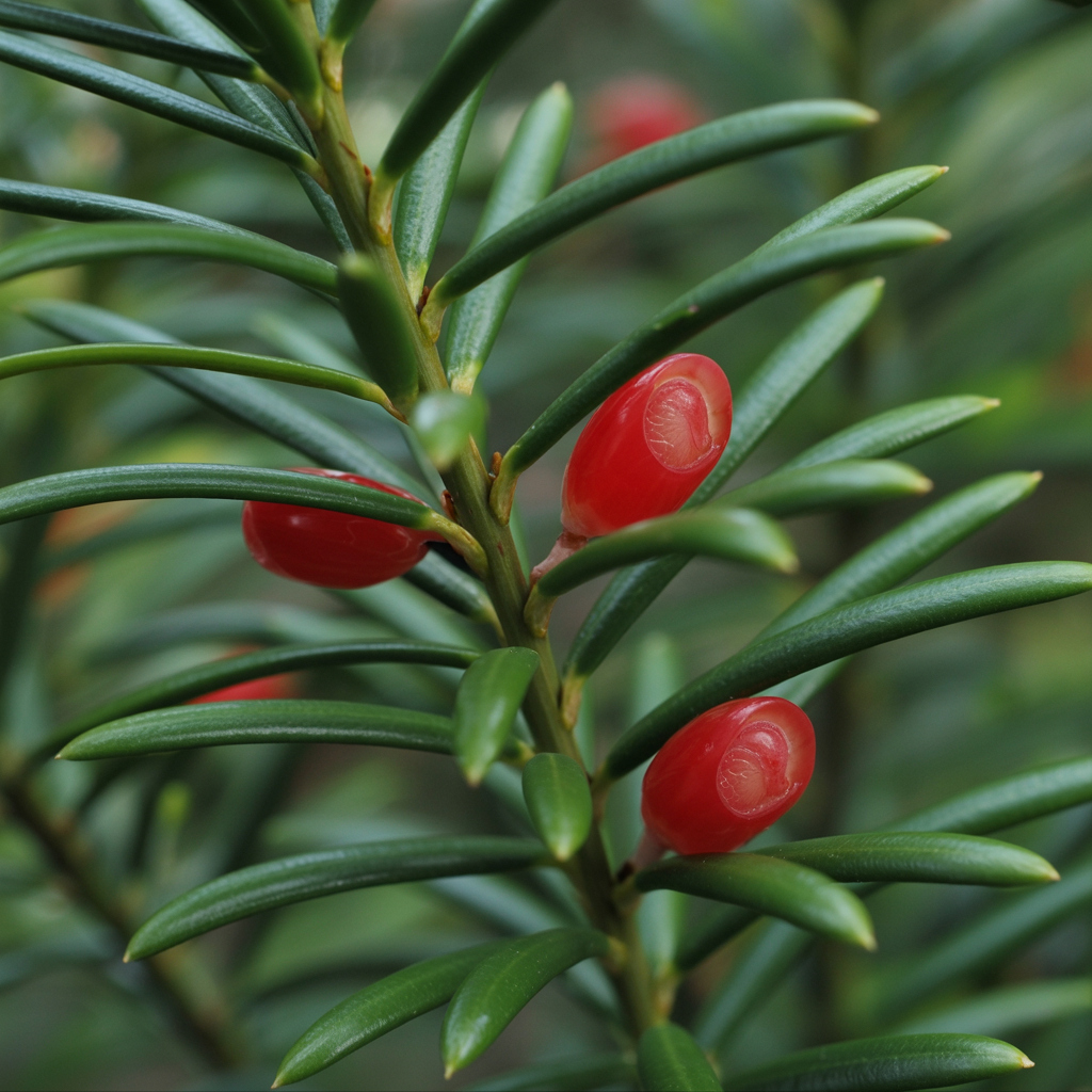 Yew needles and red berries; ingestion can cause sudden heart failure in cats.