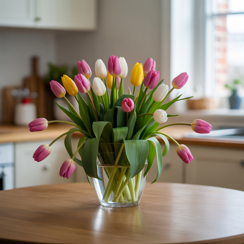 Cut tulip bouquet; tulipalin compounds irritate cats, bulbs are highest risk.