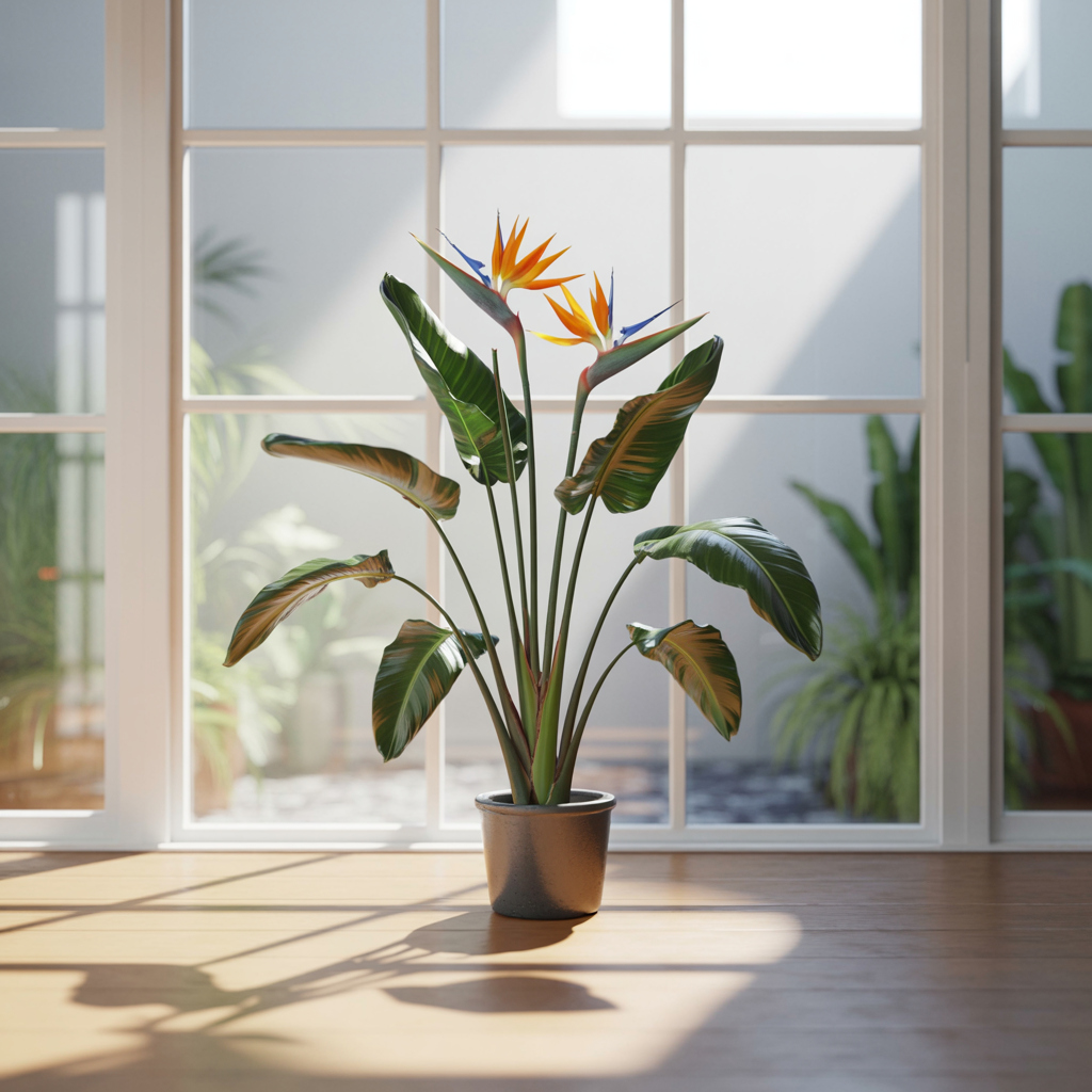 Bird of paradise with orange-blue bracts; may irritate cats if chewed.