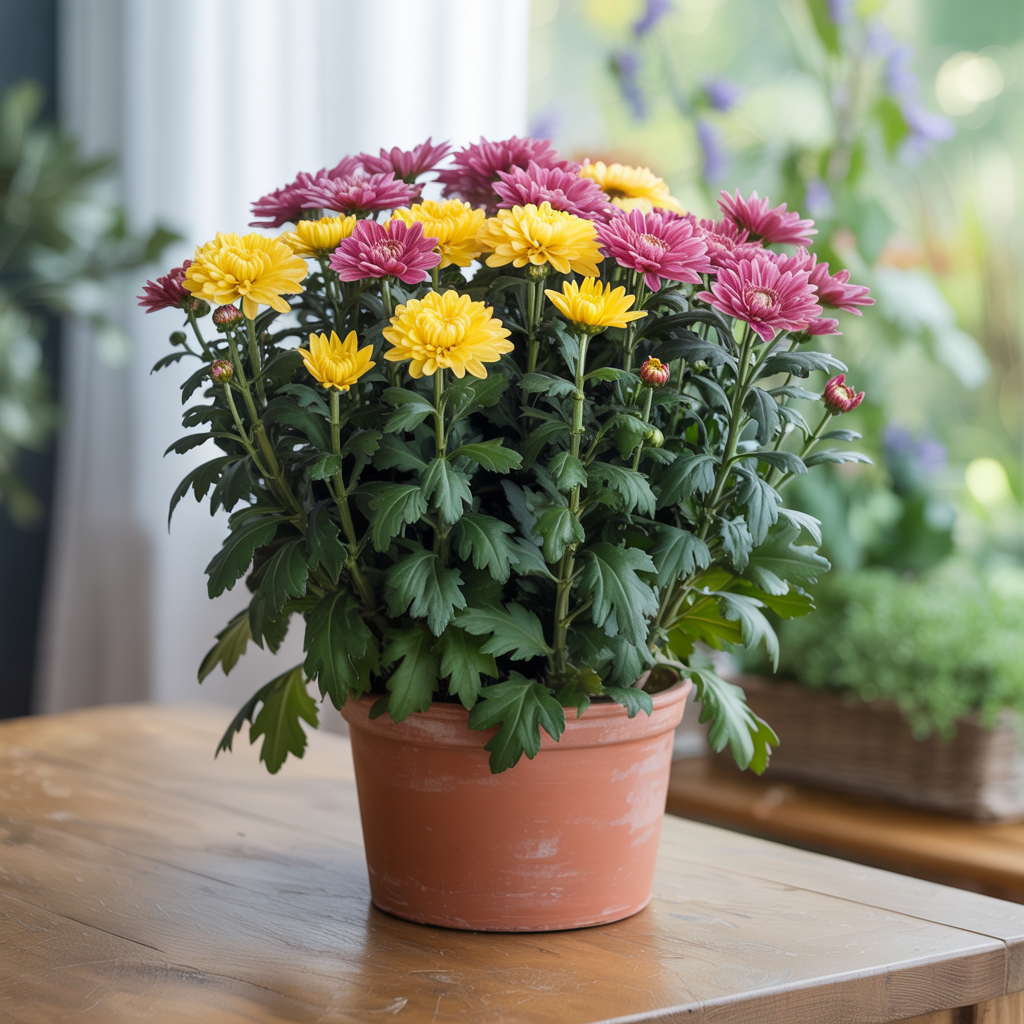 Chrysanthemums in a pot; pyrethrins can upset cats and irritate skin.