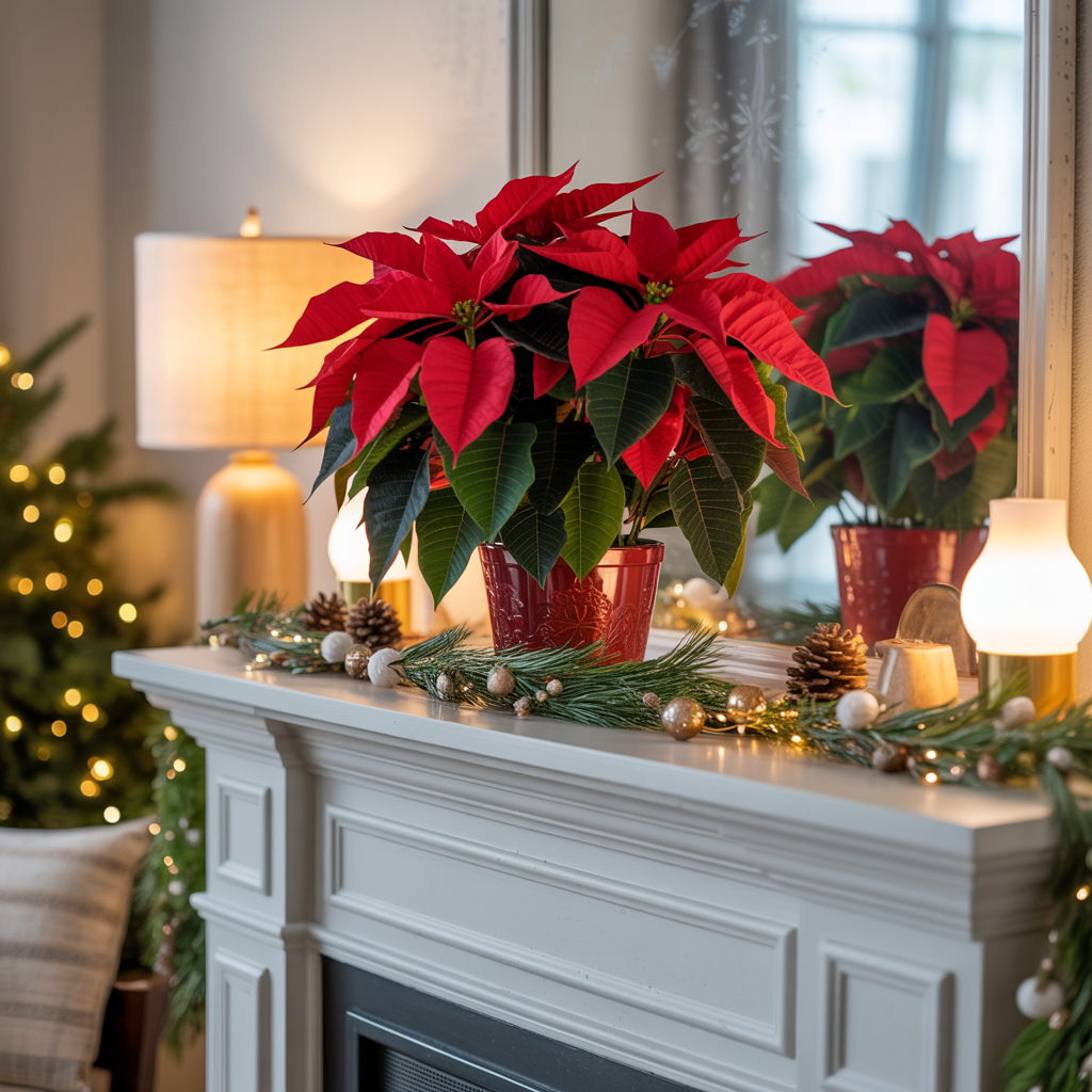 Red poinsettia plant; typically causes mild irritation in cats if chewed.