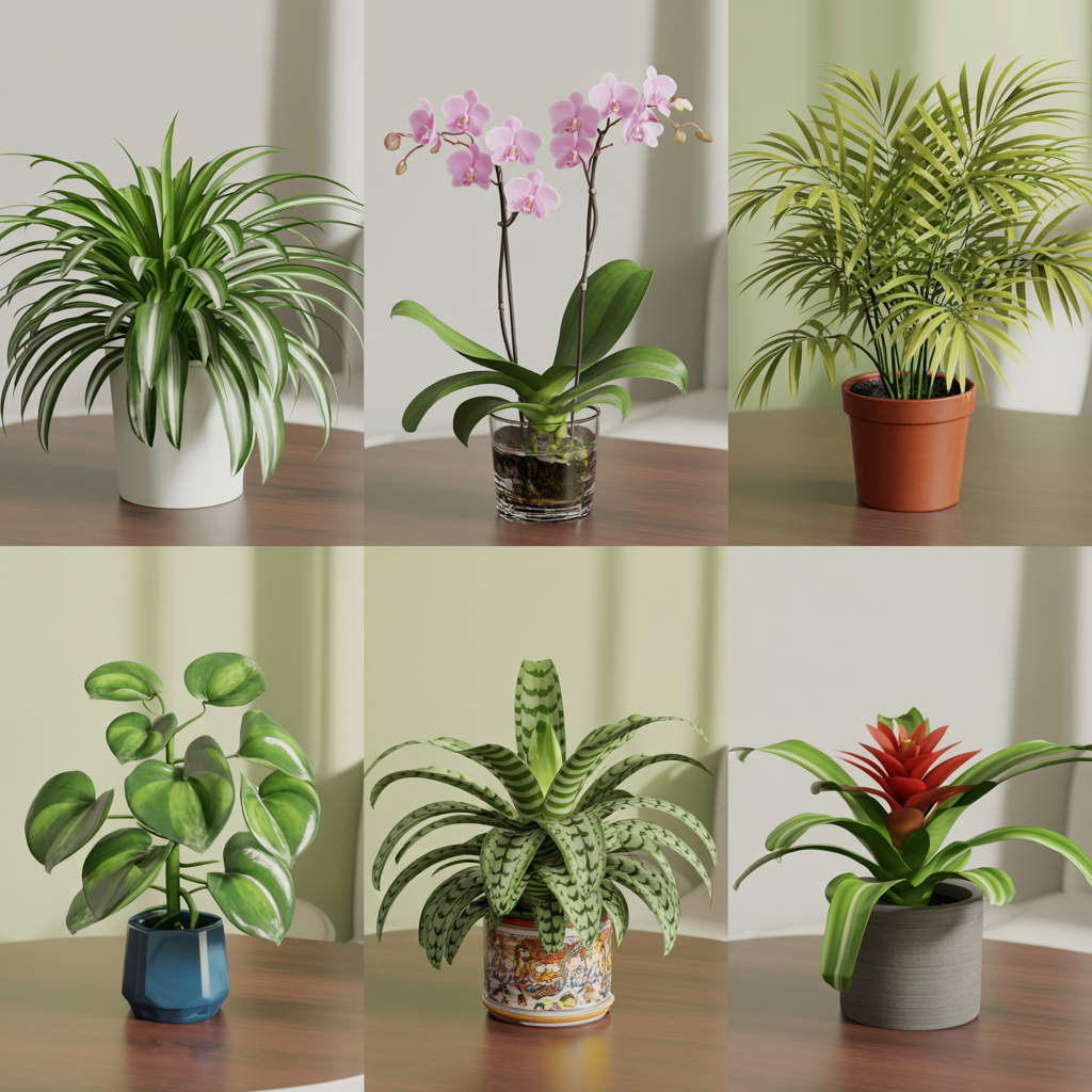 Collage of cat-safe houseplants that mimic popular toxic varieties.