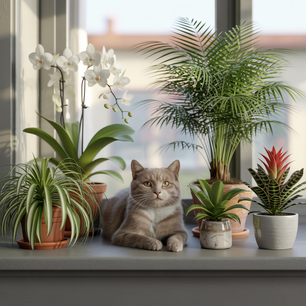 Indoor cat relaxing near the pet-safe houseplants.