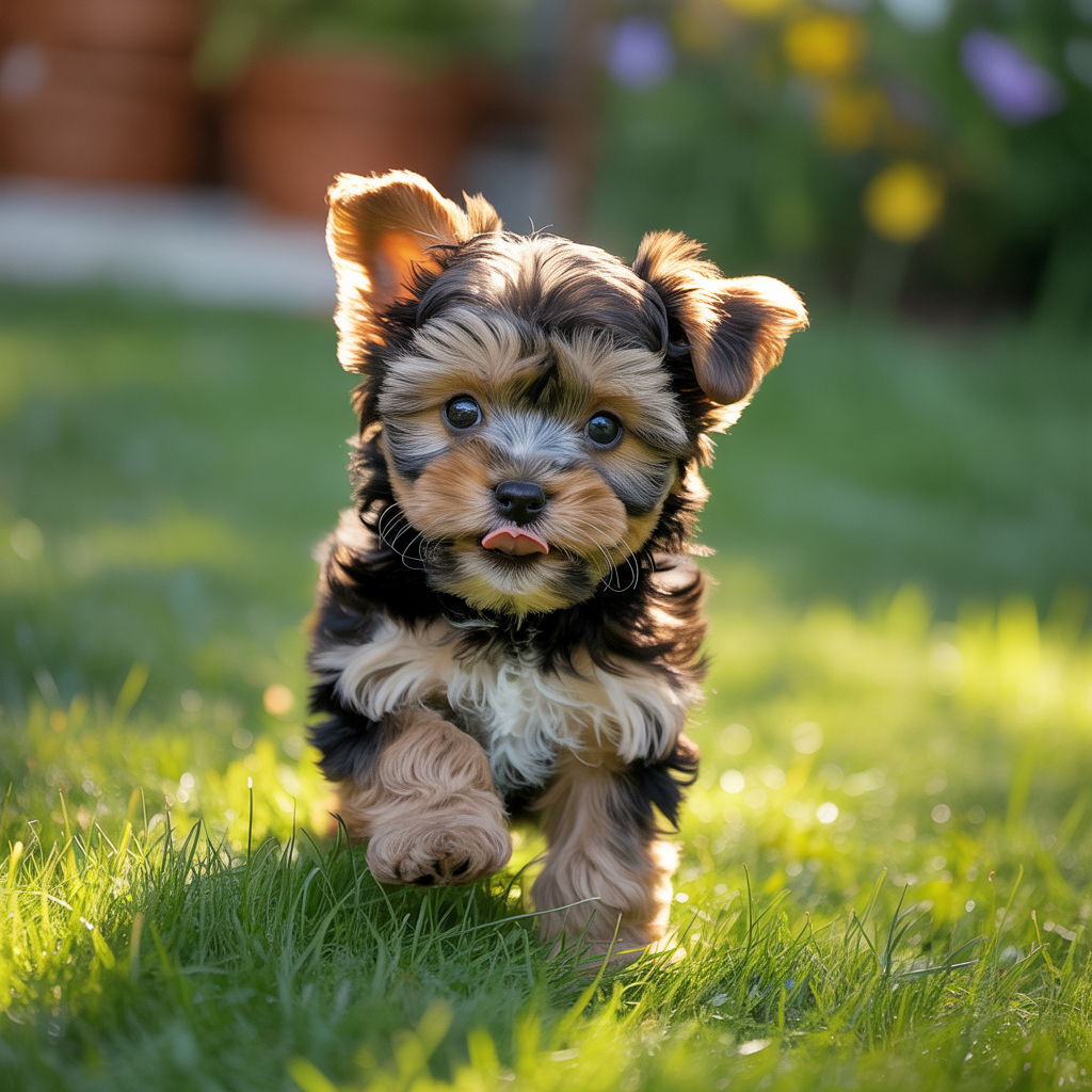 Yorkie Poo happily running on grass with ears flapping and tongue out.