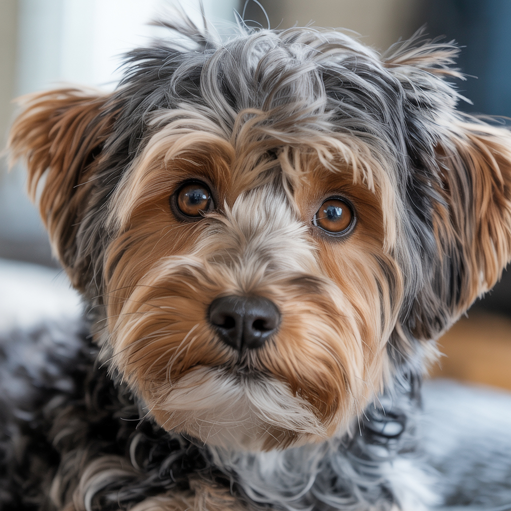 Close-up of a Yorkie Poo face showing soft fur and warm brown eyes